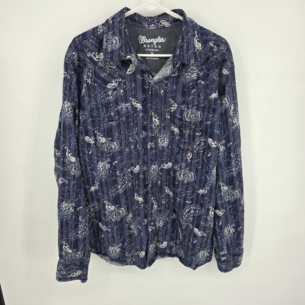 Wrangler Men's Retro Premium XL  Western Shirt Blue Paisley Cowboy pearl snap